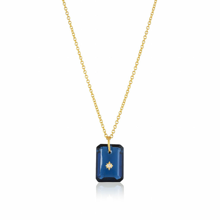 Pure 925 silver with 18k gold plating with blue sapphire hydro quartz stone with CZ star in center necklace with chain