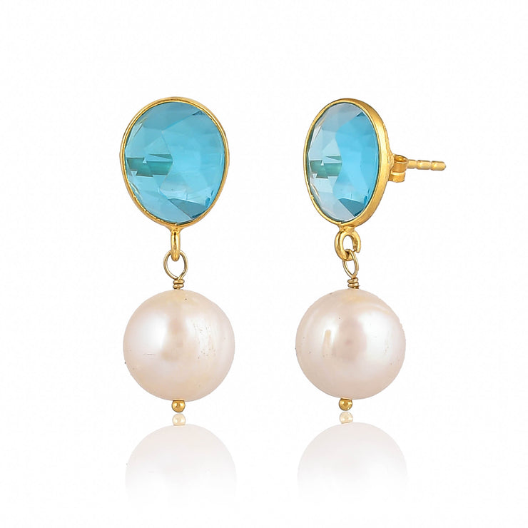 925 pure sterling silver blue topaz with pearl 18k gold plated earring