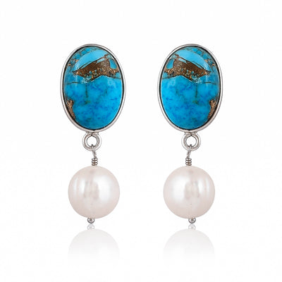 925 pure sterling silver turquoise rutile with pearl 18k gold plated earring