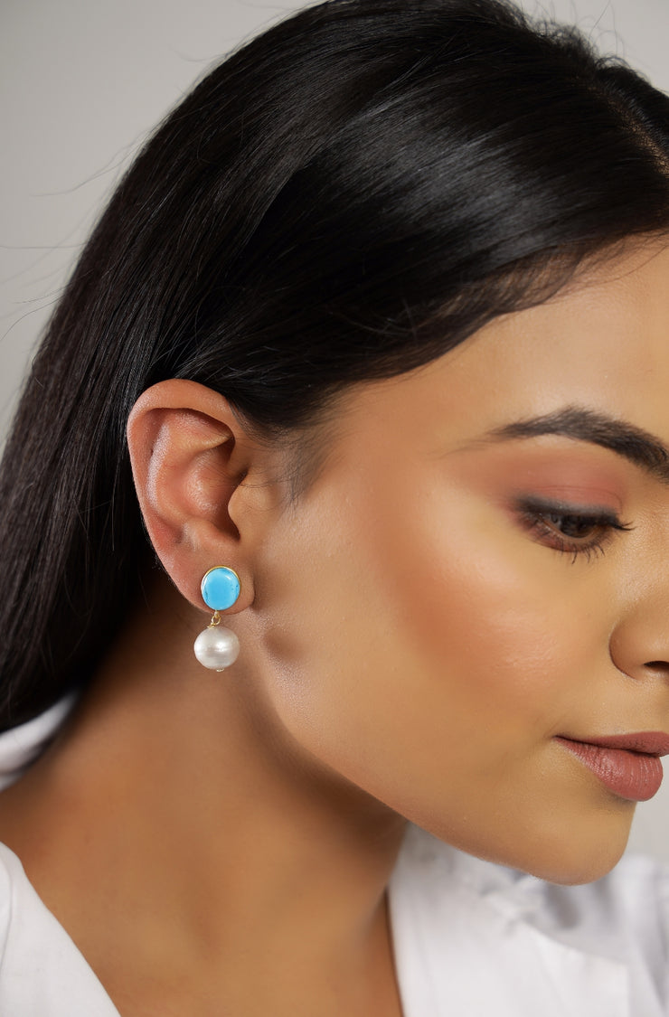 Pure silver with 18k gold plating with pearls and  turquoise earring