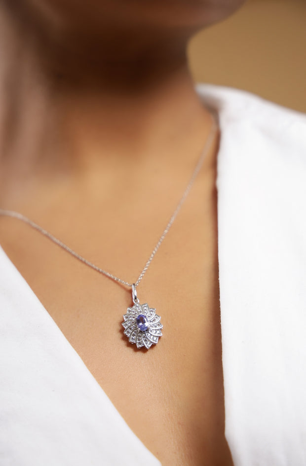 Pure silver with white finish and tanzanite & CZ stones pendant