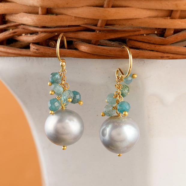 Apatite and Hanging pearls silver Earrings