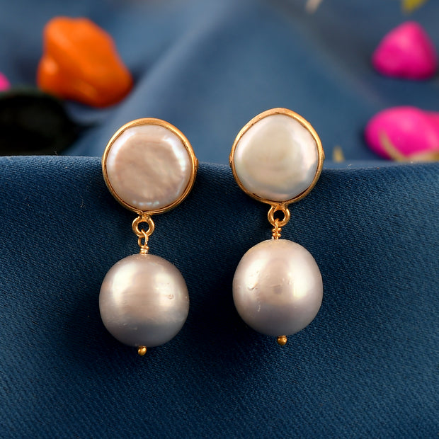 coin shape Pearl silver earrings