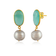 Sea Green Onyx Pearls Silver Earrings