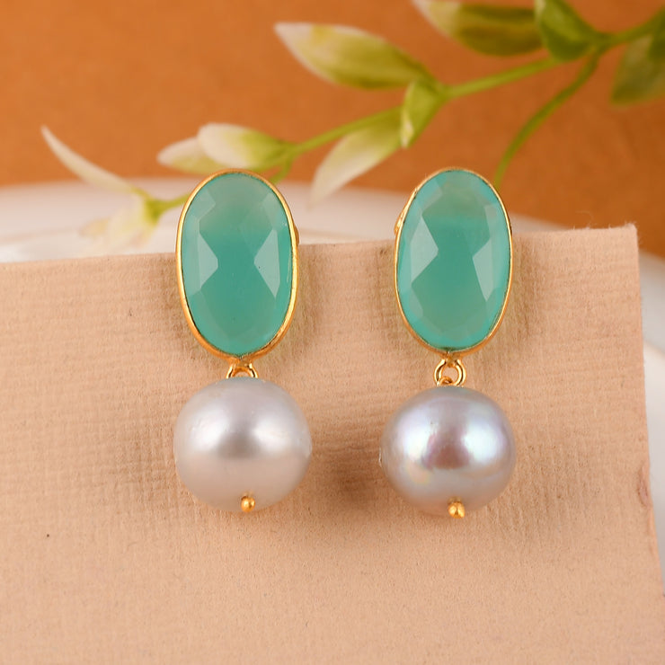 Sea Green Onyx Pearls Silver Earrings