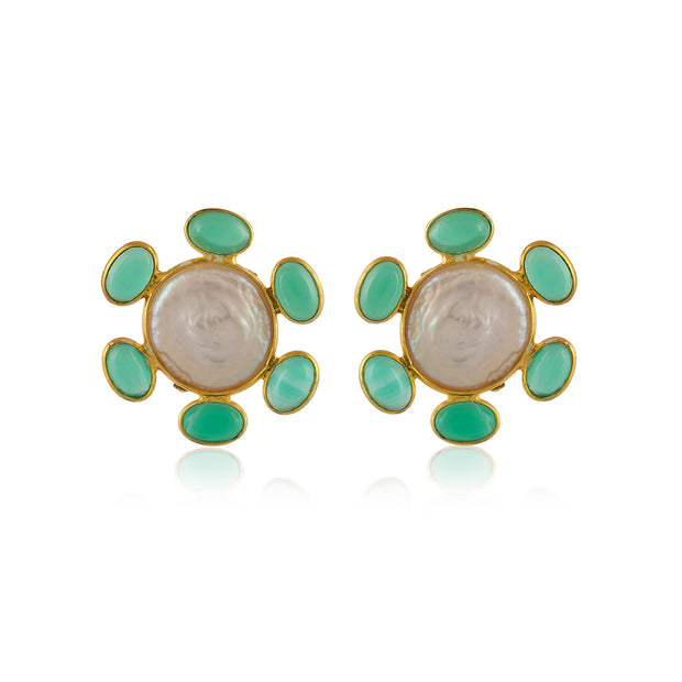 Coin Shape Emarald Pearl Silver Stud Earring