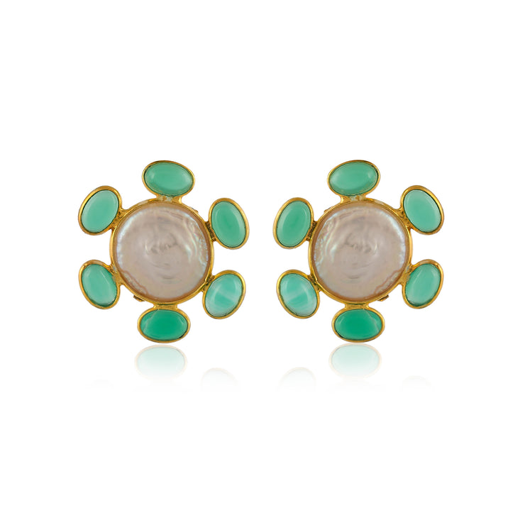 Coin Shape Emarald Pearl Silver Stud Earring