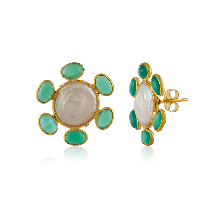 Coin Shape Emarald Pearl Silver Stud Earring