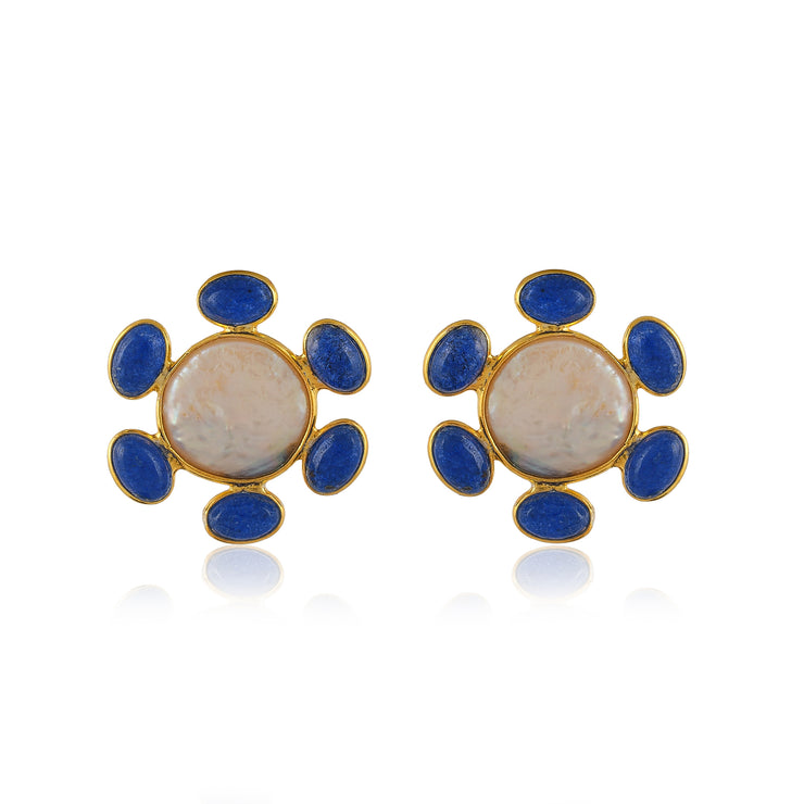 Coin Shape Blue Sapphire Pearl Silver Stud Earring