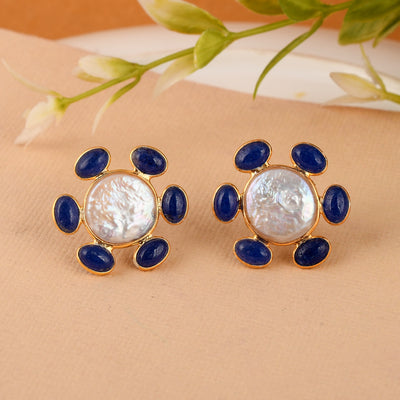 Coin Shape Blue Sapphire Pearl Silver Stud Earring