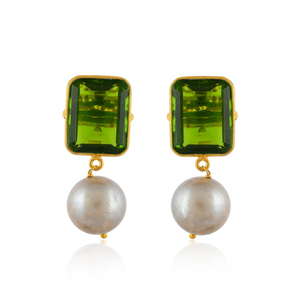 Olive Green Emerald Pearl Silver Earring